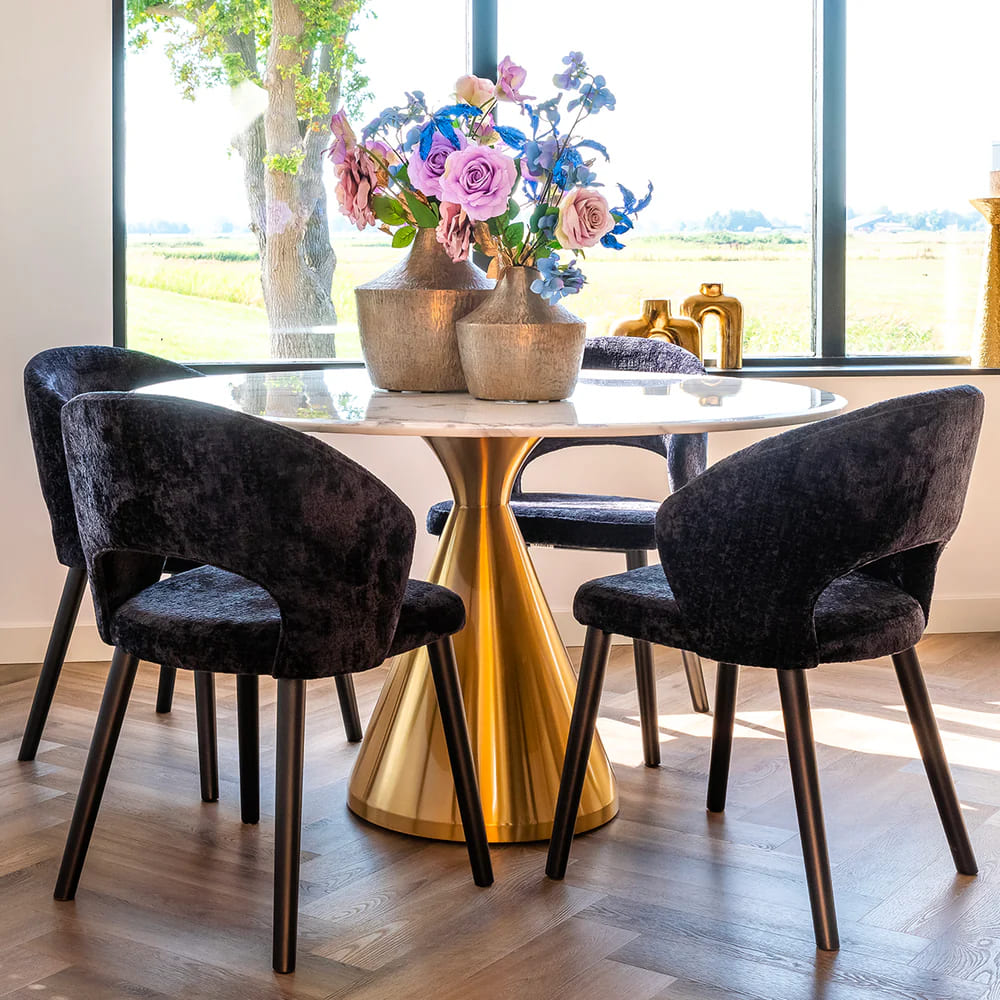 Table de Repas Tenille Ø130 cm-table-ronde-marbre-blanc-pied-doré