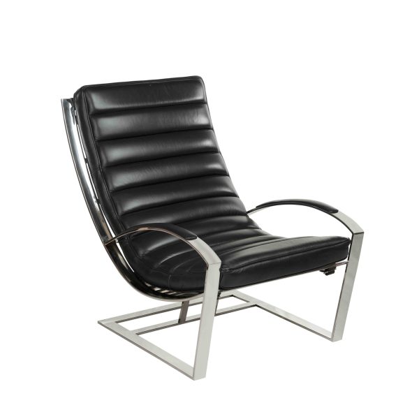Accueil 5 Fauteuil Biarritz cuir noir pleine fleur avec structure en inox poli miroir
