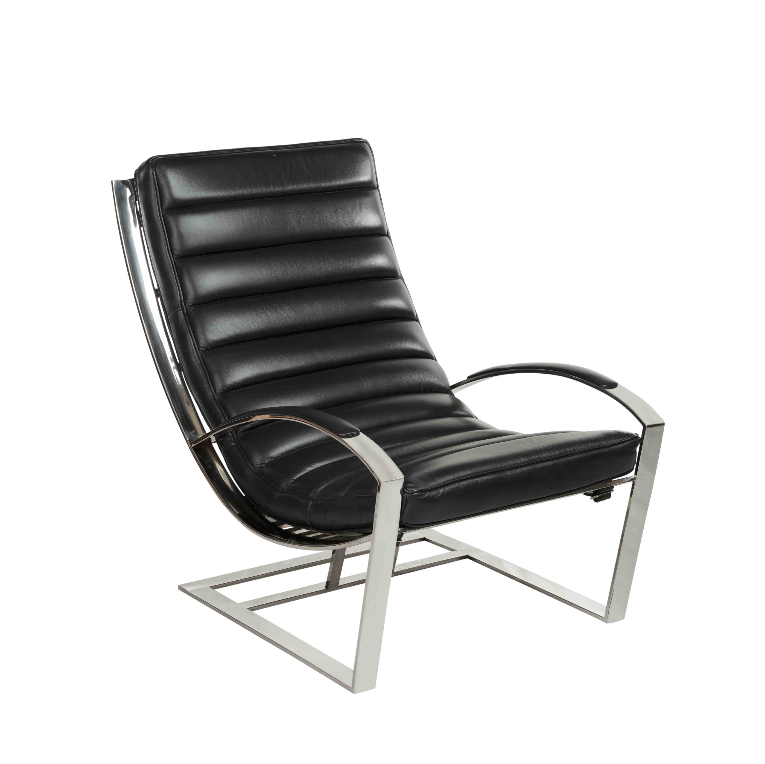 Fauteuil Biarritz Cuir Noir Fauteuil Biarritz cuir noir pleine fleur avec structure en inox poli miroir