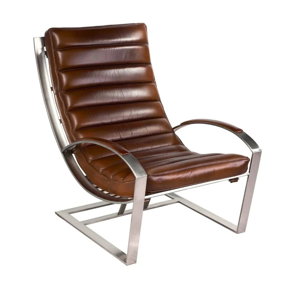 ixcl57v01-Fauteuil-biarritzmadrid-cuir-vintage-chrome-design-majdeltier-1 Fauteuil Biarritz cuir brun pleine fleur avec structure en inox poli miroir, cuir patiné à la main