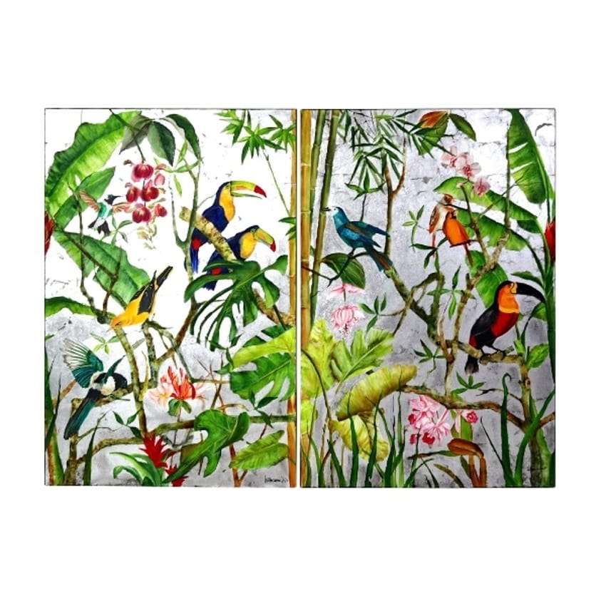 Tableau En Diptyque Jungle Exotique fond argente 1