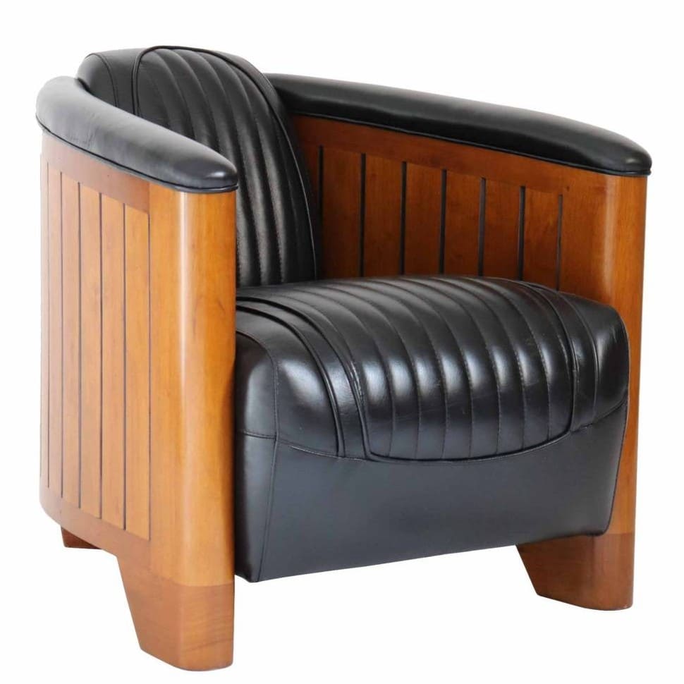 Fauteuil Club Canoë Cuir Noir - L'Élégance Transatlantique en Cuir et Bois