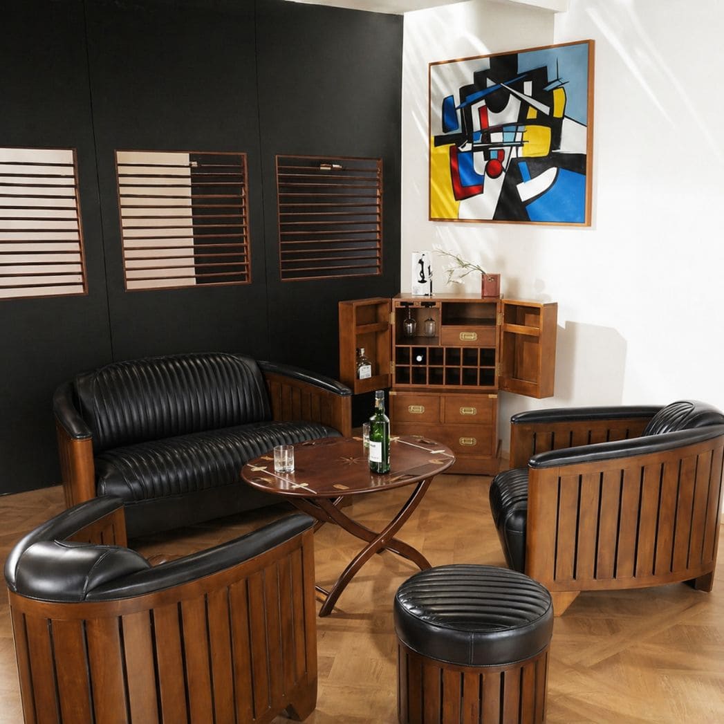 Fauteuil Club Canoë Cuir Noir - L'Élégance Transatlantique en Cuir et Bois