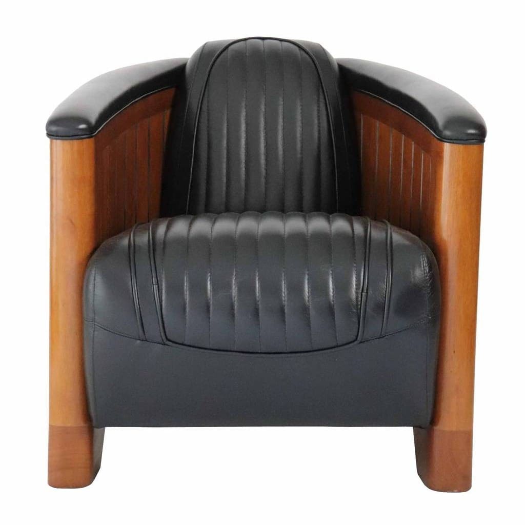 Fauteuil Club Canoë Cuir Noir - L'Élégance Transatlantique en Cuir et Bois