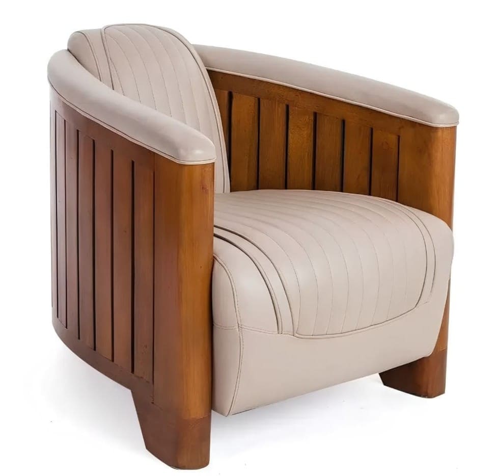 Fauteuil Club Canoë Cuir Beige Ivoire Vintage - L’Élégance Transatlantique en Cuir et Bois