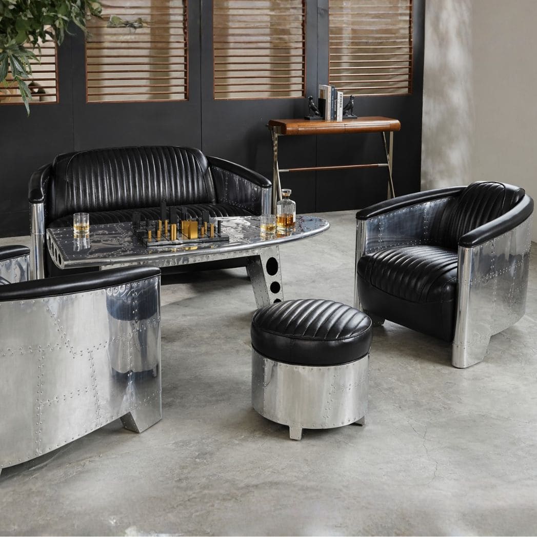 Fauteuil Club DC3 Cuir style aviateur, aluminium poli