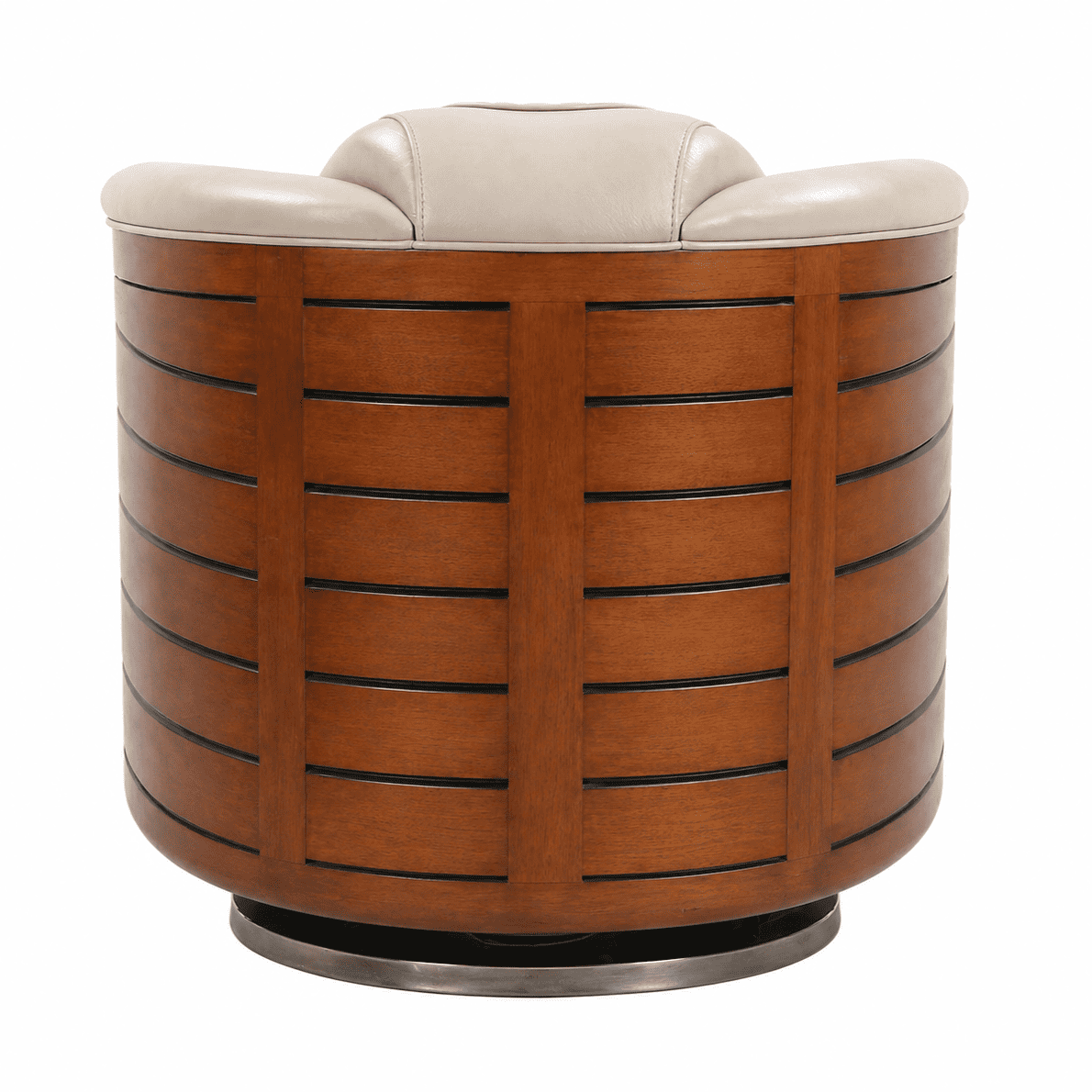 Fauteuil Club pivotant Nautilus cuir beige ivoire, bois noyer
