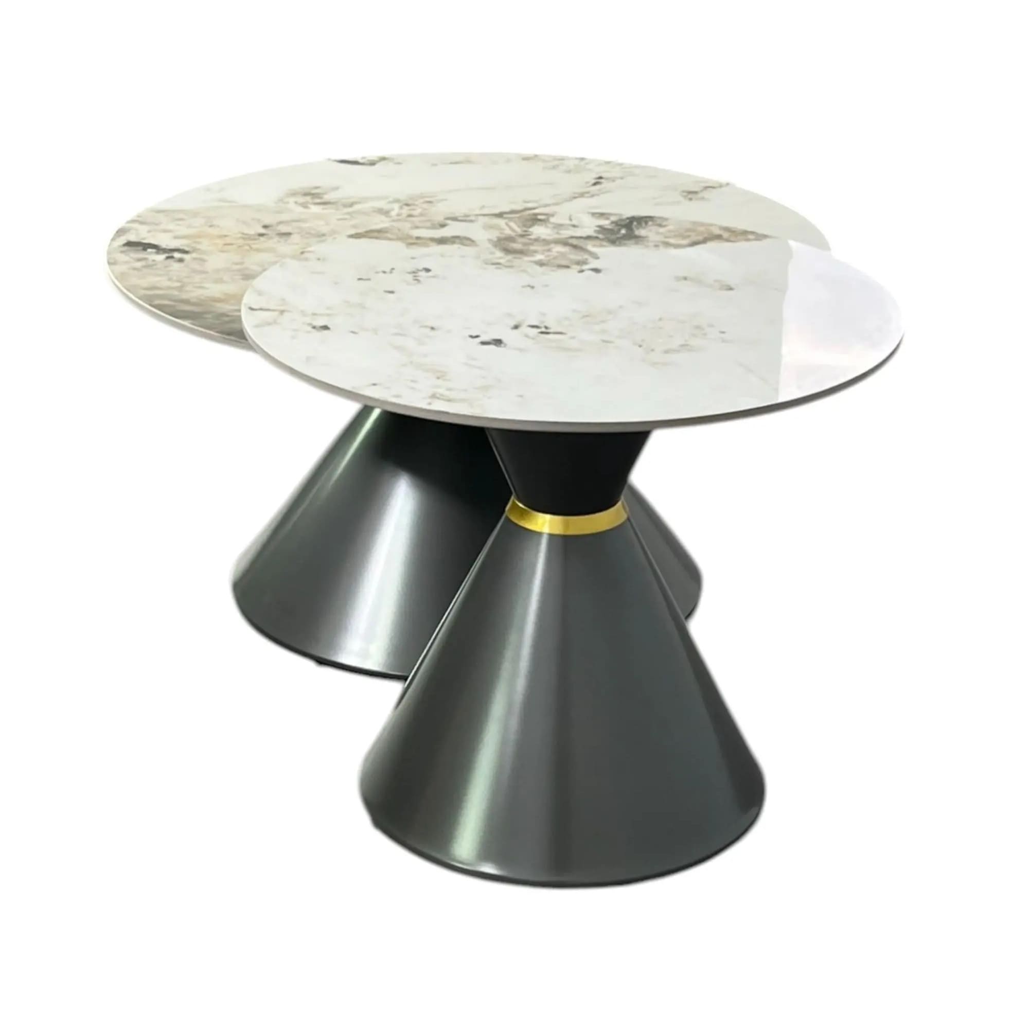 Set de 2 Tables Basses Rondes en Ceramique Marbre Blanc