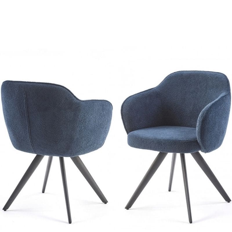 Lot de 2 chaises pivotantes BASH bleues en tissu bouclette, vues de face et de dos