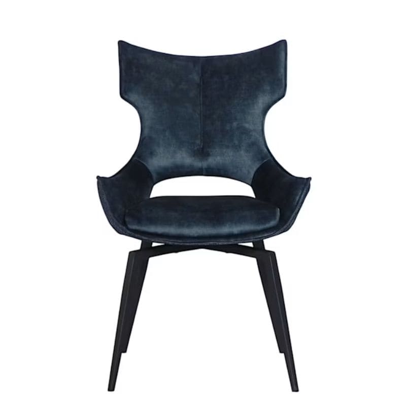 Chaise pivotante CAMILLE en velours bleu, dossier haut et pieds en métal noir