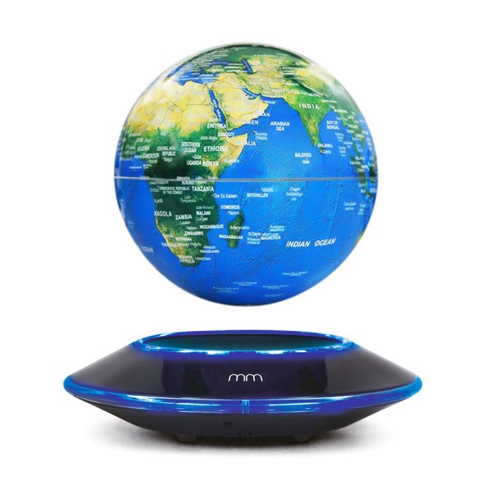 Globe terrestre en lévitation à base ronde - rotation automatique et éclairage LED bleu