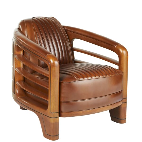 Fauteuil Club Riviera cuir vintage marron avec structure en bois massif ajouré et détails inox