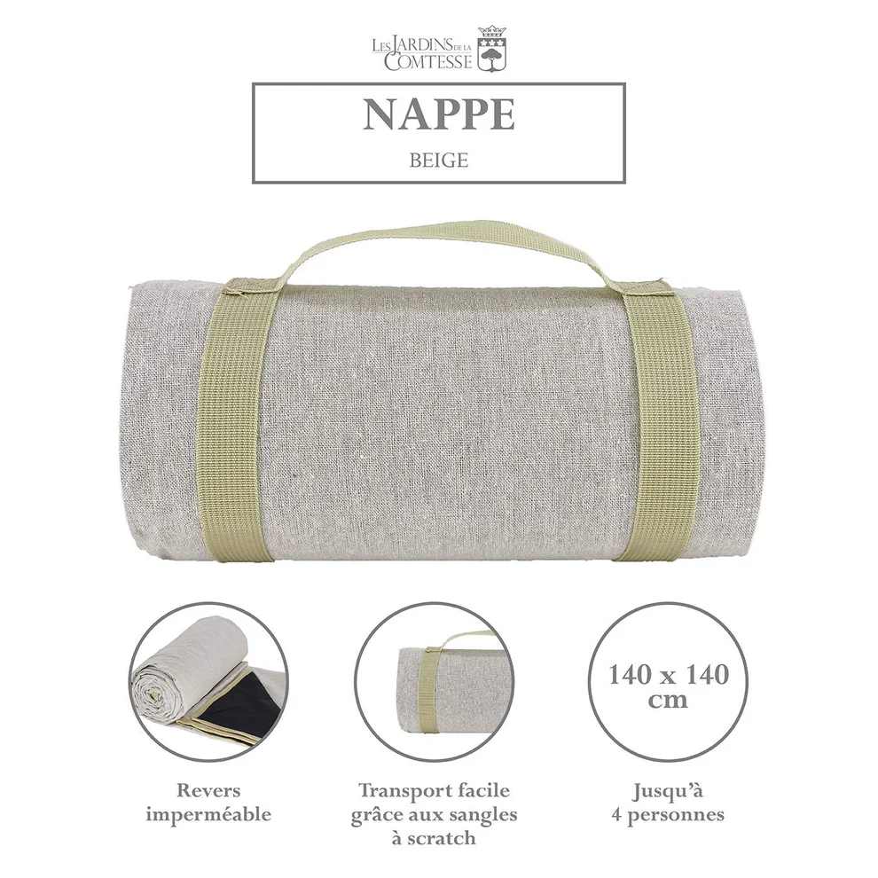 Nappe pique-nique carrée beige chic 140x140 imperméable