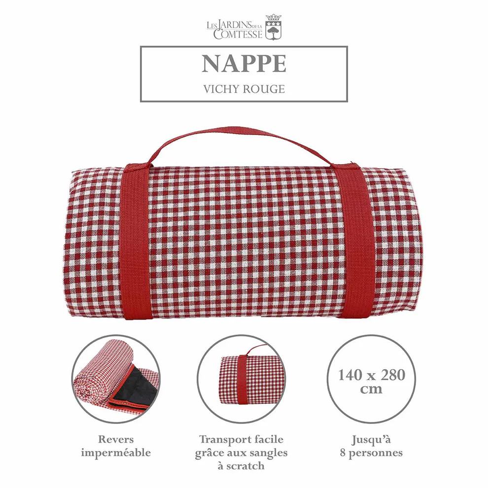 Nappe pique-nique vichy rouge XL 140x280 imperméable