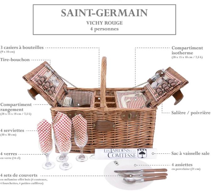Panier pique nique en osier vichy rouge 4 personnes 3