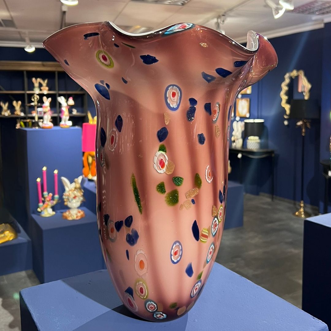 Vase I Punti en verre rose pièce sculpturale faite main