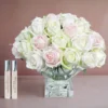 LUXURY CENTREPIECE - 37 ROSEBUDS IN FRENCH PINK & GREEN & WHITE - SILVER BADGE - CPRB132 LUXURY CENTREPIECE 37 ROSEBUDS IN FRENCH PINK GREEN WHITE SILVER BADGE CPRB132
