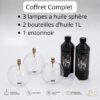 Coffret complet 3 lampes à huile sphère Peri Living, 2 bouteilles d'huile de paraffine et un entonnoir