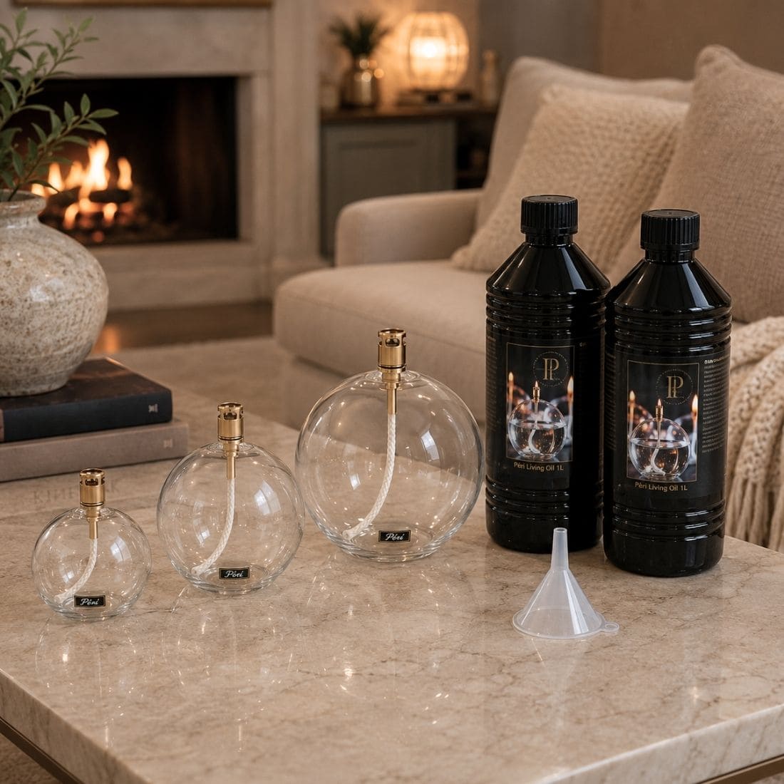 Coffret de 3 lampes à huile sphère Peri Living avec huile de paraffine dans un salon chaleureux