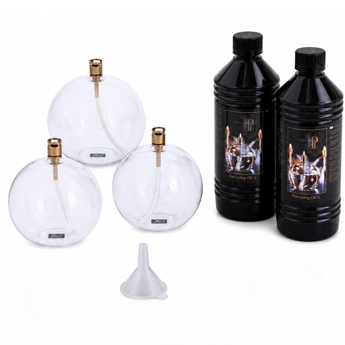 3 lampes à huile sphère Peri Living tailles S M L avec 2 bouteilles d'huile de paraffine et un entonnoir