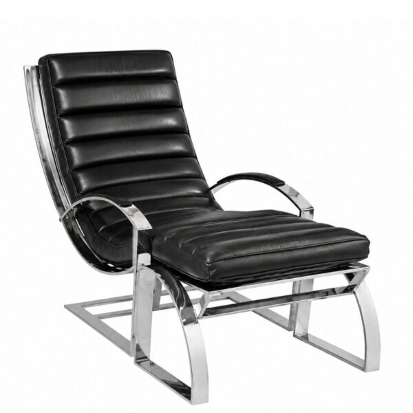 Accueil 4 Fauteuil Biarritz cuir noir et ottoman pleine fleur avec ottoman, structure en inox poli miroir et design contemporain intemporel.