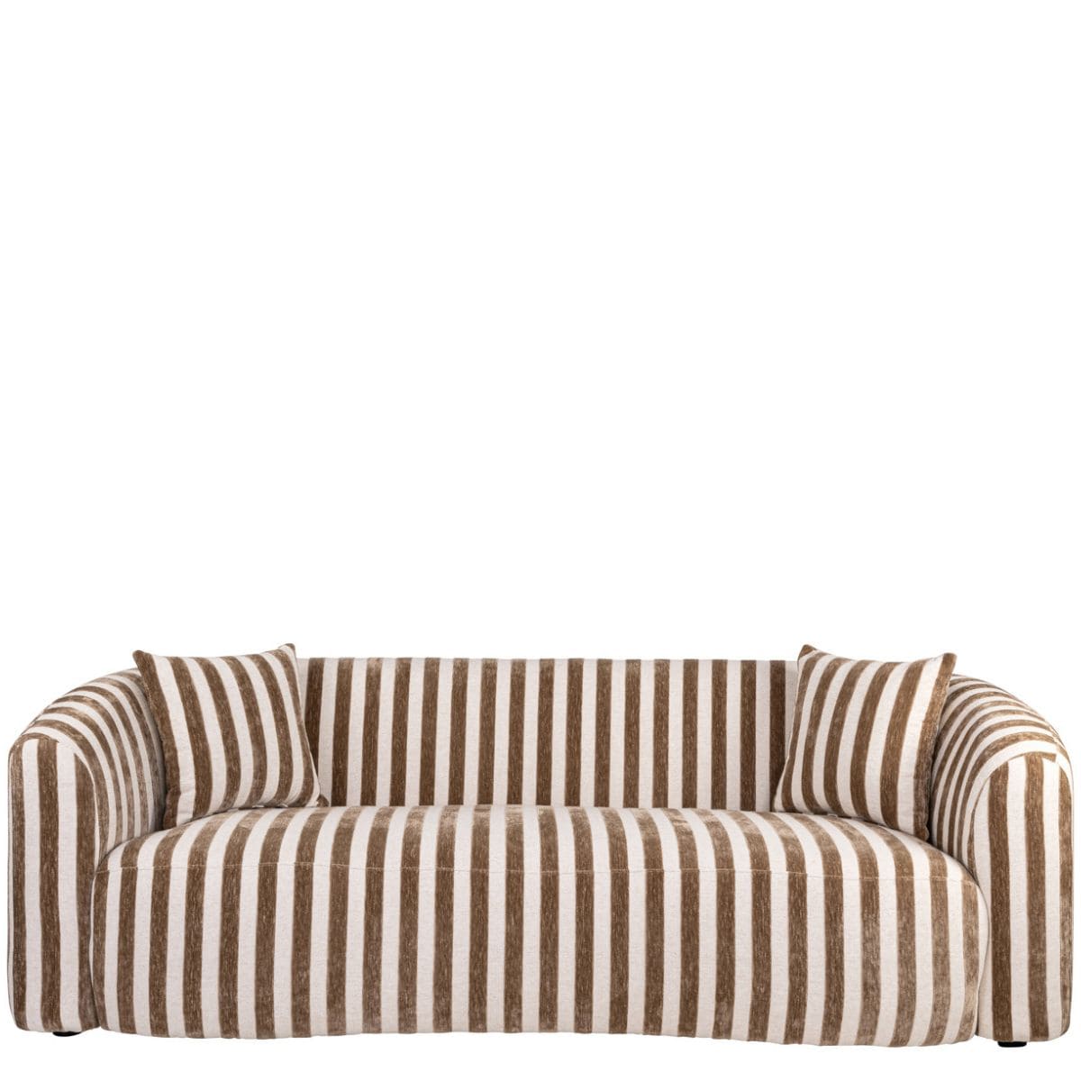 Canapé Luxandra rayé beige marron vue de face, lignes arrondies