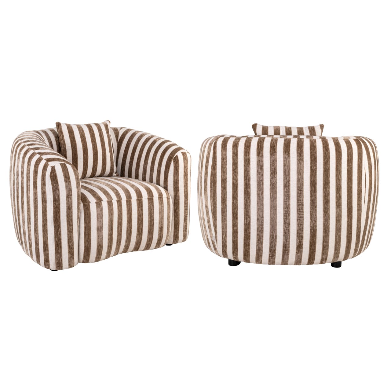 Fauteuil Luxandra rayé beige marron vue arrière, silhouette arrondie