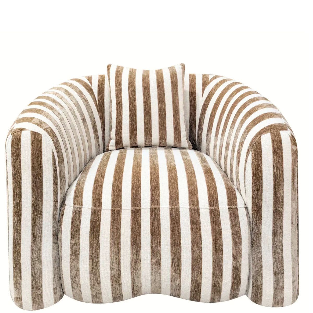 Fauteuil Luxandra rayé beige marron vue de face, salon contemporain