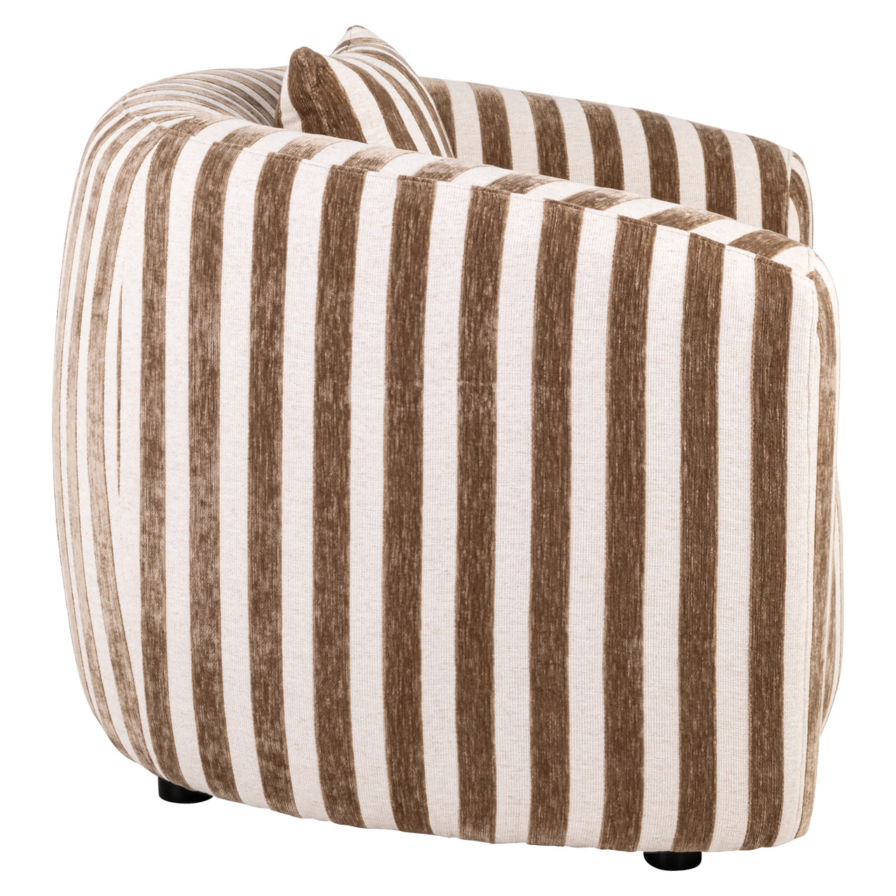 Fauteuil Luxandra rayé beige marron vue de coté, profil, lignes arrondies