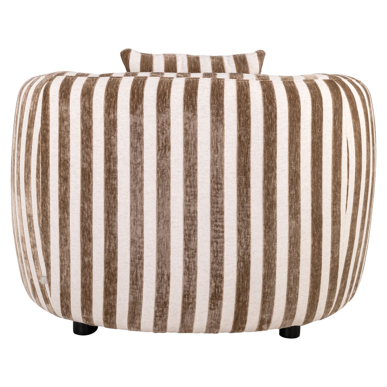 Fauteuil Luxandra rayé beige marron, vue face et arrière, silhouette arrondie