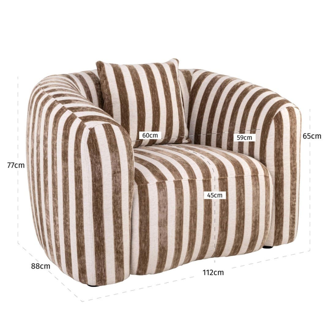Fauteuil Luxandra rayé beige marron 1 place, dimensions 112x88x77 cm